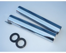 KRYTY PŘEDNÍHO TLUMIČE (PLÁŠTĚ) - CHROMOVANÉ - S GUMAMI - (DÉLKA 280MM) - JAWA/ČZ 125,175,250/ 450,453,455 + 356,355